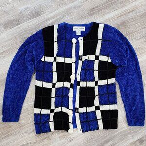 1980s Victoria Harbour Cardigan Sweater Royal Blue White Black Check Knit Size M